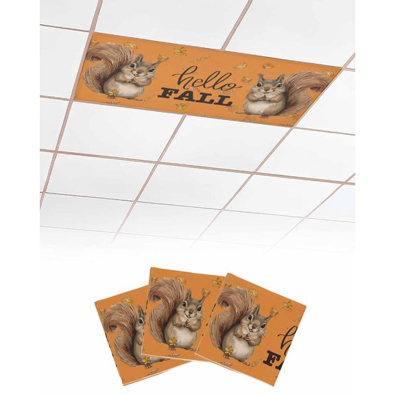 Fluorescent Light Covers for Ceiling Lights 3 Pack, Orange Squirrel Hello Fall Magnetic Ceiling Light Covers 2x4ft for Classroom Office School, Maple Leaf Thanksgiving Drop Ceiling Light Shade
