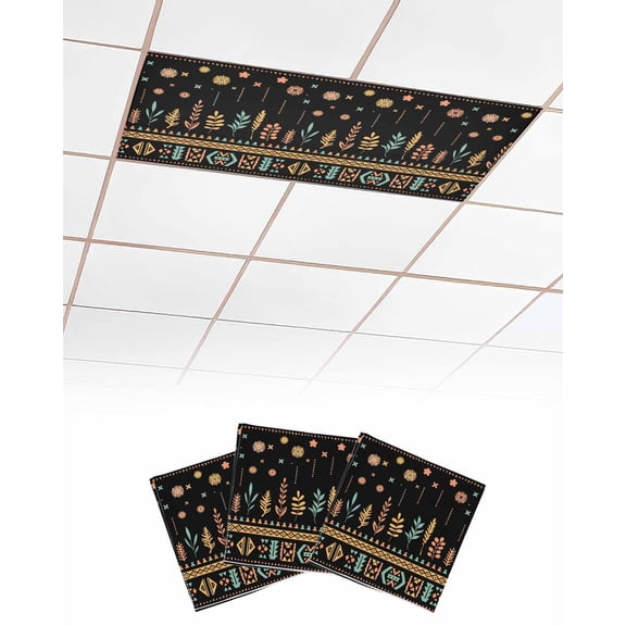 Fluorescent Light Covers for Ceiling Lights 3 Pack,Orange Teal Botanical Magnetic Ceiling Light Covers 2x4ft for Classroom Office School,Boho Ethnic Geometric Black Overhead Drop Ceiling Light Shade