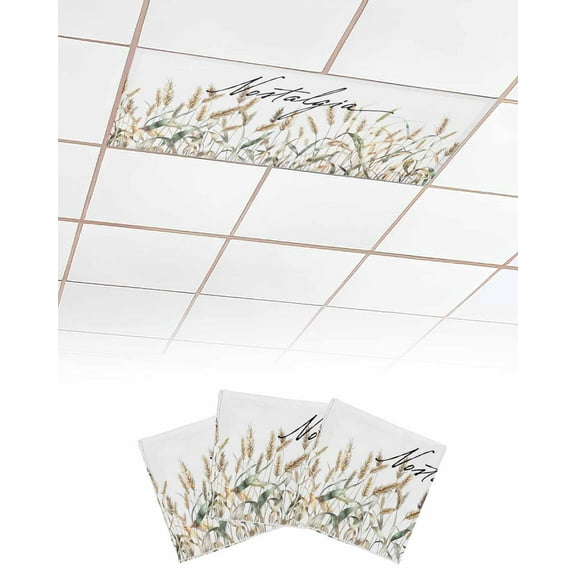Fluorescent Light Covers for Ceiling Lights 3 Pack, Pastoral Botanical Magnetic Ceiling Light Covers 2x4ft for Classroom Office School, Vintage Fall Wheat Autumn Botanical Drop Ceiling Light Shade