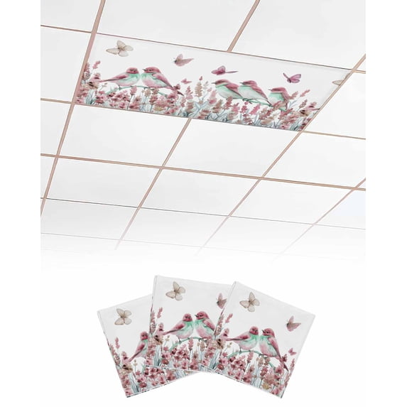 Fluorescent Light Covers for Ceiling Lights 3 Pack, Pink Spring Floral Magnetic Ceiling Light Covers 2x4ft for Classroom Office School, Watercolor Summer Birds Butterfly Drop Ceiling Light Shade