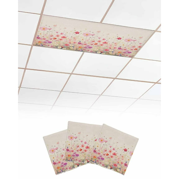 Fluorescent Light Covers for Ceiling Lights 3 Pack,Pink Spring Floral Magnetic Ceiling Light Covers 2x4 Feet for Classroom Office School,Watercolor Summer Botanical Overhead Drop Ceiling Light Shade