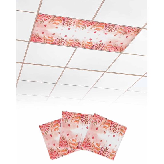 Fluorescent Light Covers for Ceiling Lights 3 Pack, Red Orange Botanical Magnetic Ceiling Light Covers 2x4ft for Classroom Office School, Watercolor Pastoral Weeping Leaf Drop Ceiling Light Shade