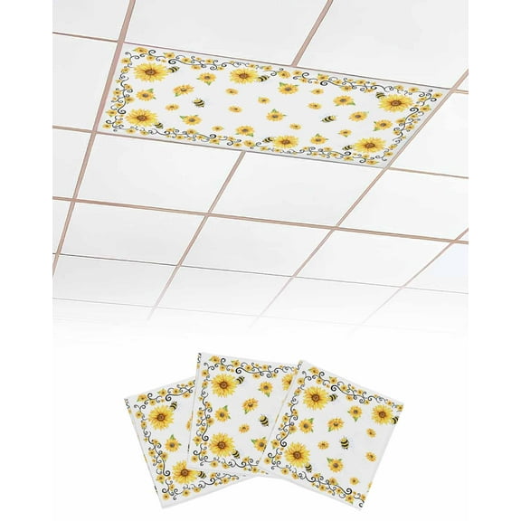 Fluorescent Light Covers for Ceiling Lights 3 Pack, Summer Sunflower Magnetic Ceiling Light Covers 2x4 Feet for Classroom Office School, Yellow Floral Botanical Bee Overhead Drop Ceiling Light Shade