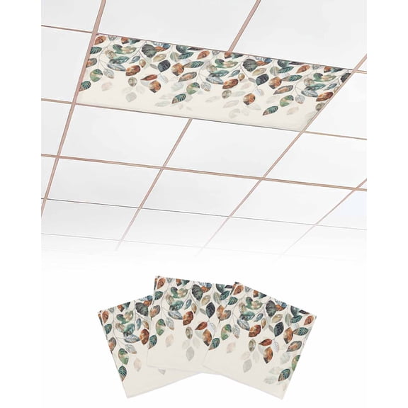 Fluorescent Light Covers for Ceiling Lights 3 Pack, Teal Brown Botanical Magnetic Ceiling Light Covers 2x4ft for Classroom Office School, Pastoral Fall Weeping Maple Leaf Drop Ceiling Light Shade