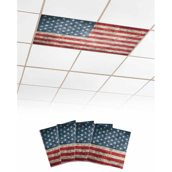 Fluorescent Light Covers for Ceiling Lights 4 Pack, American Flag Magnetic Ceiling Light Covers 2x4 Feet for Classroom Office School, Vintage Blue Red USA Flag Overhead Drop Ceiling Light Shade