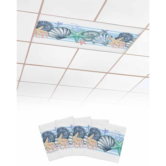 Fluorescent Light Covers for Ceiling Lights 4 Pack, Blue Coastal Magnetic Ceiling Light Covers 2x4ft for Classroom Office School, Beach Nautical Starfish Shell Coral Overhead Drop Ceiling Light Shade