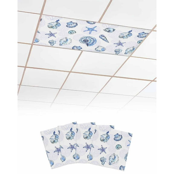 Fluorescent Light Covers for Ceiling Lights 4 Pack, Blue Coastal Magnetic Ceiling Light Covers 2x4ft for Classroom Office School, Summer Beach Nautical Seaside Starfish Shell Drop Ceiling Light Shade