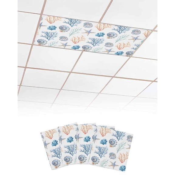 Fluorescent Light Covers for Ceiling Lights 4 Pack,Blue Coral Magnetic Ceiling Light Covers 2x4ft for Classroom Office,Summer Ocean Starfish Conch Shell Nautical Beach White Drop Ceiling Light Shade