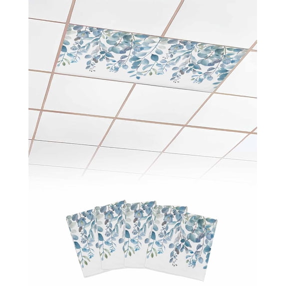 Fluorescent Light Covers for Ceiling Lights 4 Pack, Blue Eucalyptus Leaves Magnetic Ceiling Light Covers 2x4ft for Classroom Office School, Watercolor Botanical Weeping Drop Ceiling Light Shade