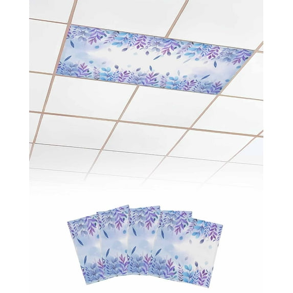 Fluorescent Light Covers for Ceiling Lights 4 Pack, Blue Purple Botanical Magnetic Ceiling Light Covers 2x4ft for Classroom Office School, Watercolor Pastoral Weeping Leaf Drop Ceiling Light Shade