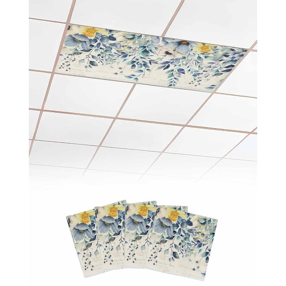 Fluorescent Light Covers for Ceiling Lights 4 Pack,Blue Teal Spring Floral Magnetic Ceiling Light Covers 2x4ft for Classroom Office School,Eucalyptus Leaves Summer Botanical Drop Ceiling Light Shade