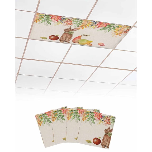 Fluorescent Light Covers for Ceiling Lights 4 Pack, Bunny Botanical Magnetic Ceiling Light Covers 2x4ft for Classroom Office School, Spring Floral Weeping Leaf Fruits Rustic Drop Ceiling Light Shade