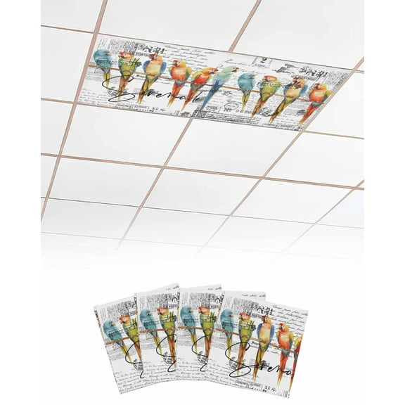 Fluorescent Light Covers for Ceiling Lights 4 Pack, Colorful Birds Magnetic Ceiling Light Covers 2x4ft for Classroom Office School, Vintage Rustic Envelope Postmark Overhead Drop Ceiling Light Shade