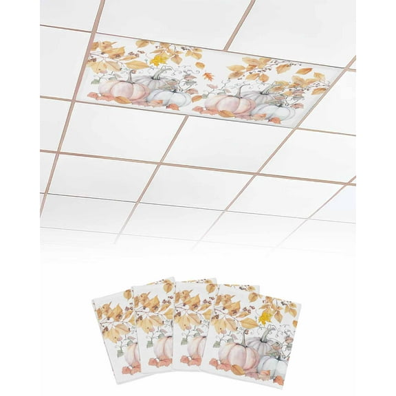 Fluorescent Light Covers for Ceiling Lights 4 Pack, Fall Orange Pumpkins Magnetic Ceiling Light Covers 2x4 Feet for Classroom Office School, Thanksgiving Maple Leaf Overhead Drop Ceiling Light Shade