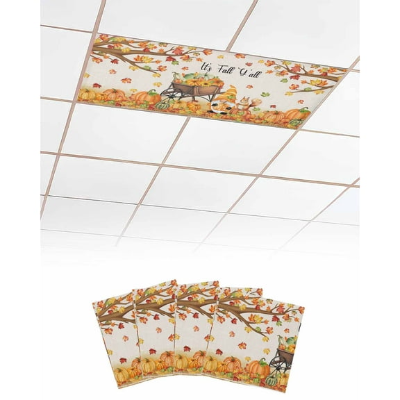Fluorescent Light Covers for Ceiling Lights 4 Pack, Fall Pumpkins Gnomes Magnetic Ceiling Light Covers 2x4ft for Classroom Office School, Thanksgiving Maple Leaf Rustic Drop Ceiling Light Shade