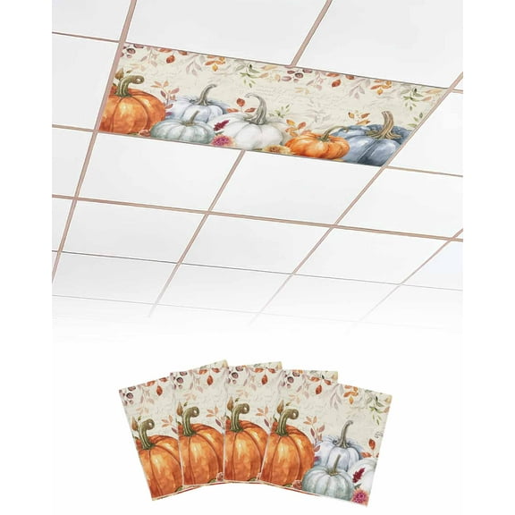 Fluorescent Light Covers for Ceiling Lights 4 Pack, Fall Pumpkins Magnetic Ceiling Light Covers 2x4ft for Classroom Office School, Thanksgiving Maple Leaf Botanical Vintage Drop Ceiling Light Shade