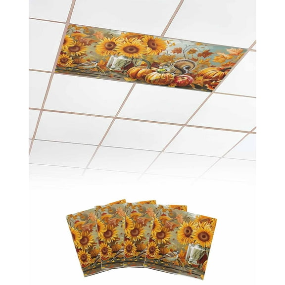 Fluorescent Light Covers for Ceiling Lights 4 Pack, Fall Squirrel Magnetic Ceiling Light Covers 2x4 Feet for Classroom Office School, Sunflower Pumpkins Thanksgiving Overhead Drop Ceiling Light Shade