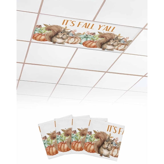 Fluorescent Light Covers for Ceiling Lights 4 Pack,Fall Squirrel Magnetic Ceiling Light Covers 2x4 Feet for Classroom Office School,Thanksgiving Pumpkins Maple Leaf Overhead Drop Ceiling Light Shade