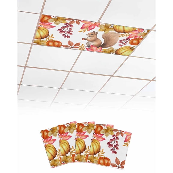 Fluorescent Light Covers for Ceiling Lights 4 Pack,Fall Squirrel Magnetic Ceiling Light Covers 2x4 Feet for Classroom Office School,Yellow Orange Pumpkins Botanical Overhead Drop Ceiling Light Shade