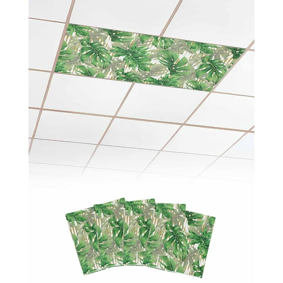 Fluorescent Light Covers for Ceiling Lights 4 Pack, Green Botanical Magnetic Ceiling Light Covers 2x4ft for Classroom Office School, Summer Tropical Plants Yellow Striped Drop Ceiling Light Shade