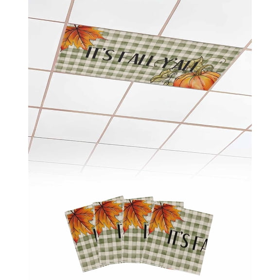 Fluorescent Light Covers for Ceiling Lights 4 Pack, Green Plaid Pumpkins Thanksgiving Magnetic Ceiling Light Covers 2x4ft for Classroom Office School, Fall Botanical Overhead Drop Ceiling Light Shade
