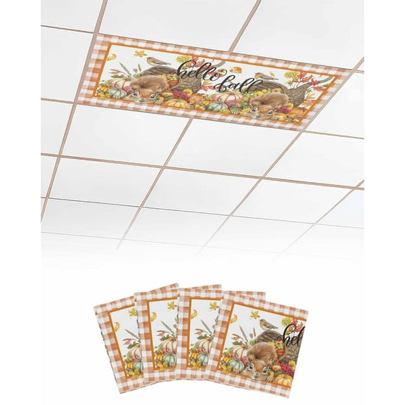 Fluorescent Light Covers for Ceiling Lights 4 Pack, Hello Fall Squirrel Magnetic Ceiling Light Covers 2x4ft for Classroom Office School, Orange Plaid Thanksgiving Pumpkins Drop Ceiling Light Shade