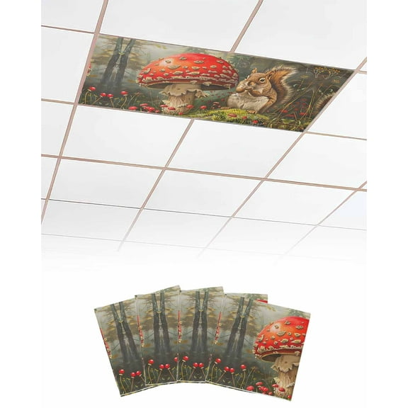 Fluorescent Light Covers for Ceiling Lights 4 Pack, Mushroom Squirrel Magnetic Ceiling Light Covers 2x4 Feet for Classroom Office School, Vintage Mushroom Botanical Overhead Drop Ceiling Light Shade