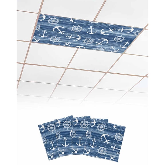 Fluorescent Light Covers for Ceiling Lights 4 Pack, Navy Blue Anchor Nautical Magnetic Classroom Light Covers 4x2 Feet, Coastal Rudder Beach Fluorescent Ceiling Filters for Office Classroom
