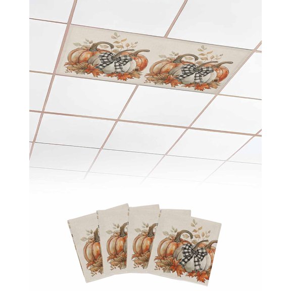 Fluorescent Light Covers for Ceiling Lights 4 Pack, Orange Grey Pumpkins Fall Magnetic Ceiling Light Covers 2x4 Feet for Classroom Office School, Thanksgiving Rustic Overhead Drop Ceiling Light Shade