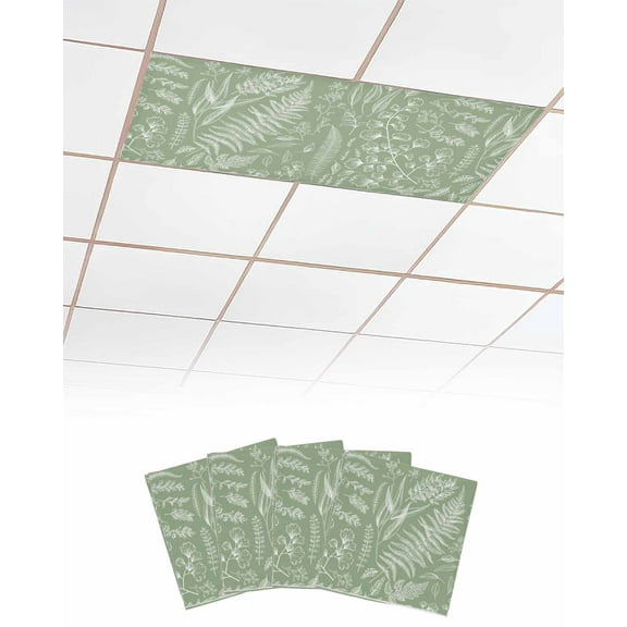 Fluorescent Light Covers for Ceiling Lights 4 Pack, Sage Green Botanical Magnetic Ceiling Light Covers 2x4ft for Classroom Office School, Spring Floral Summer Plants Overhead Drop Ceiling Light Shade