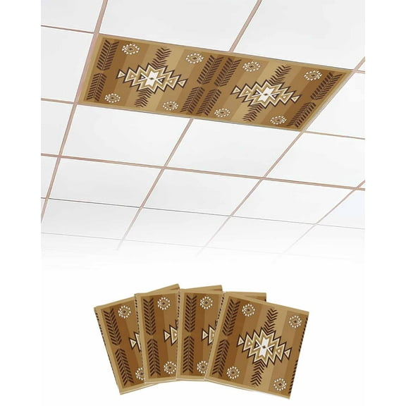 Fluorescent Light Covers for Ceiling Lights 4 Pack, Southwestern Brown Magnetic Ceiling Light Covers 2x4 Feet for Classroom Office School, Boho Ethnic Geometric Overhead Drop Ceiling Light Shade