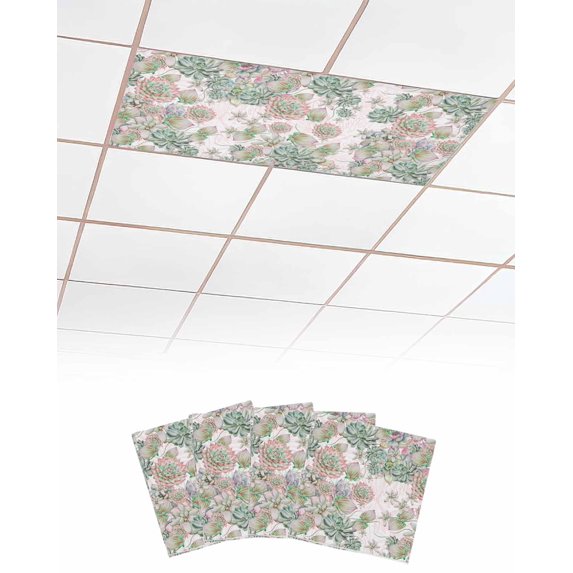 Fluorescent Light Covers for Ceiling Lights 4 Pack, Summer Cactus Magnetic Ceiling Light Covers 2x4ft for Classroom Office School, Watercolor Tropical Succulent Leaves Drop Ceiling Light Shade