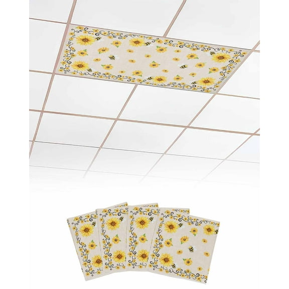 Fluorescent Light Covers for Ceiling Lights 4 Pack, Sunflower Magnetic Ceiling Light Covers 2x4ft for Classroom Office School, Yellow Summer Floral Bee Botanical Rustic Drop Ceiling Light Shade