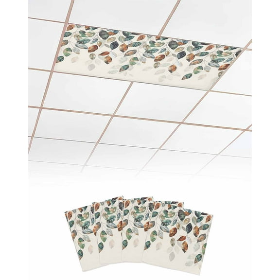 Fluorescent Light Covers for Ceiling Lights 4 Pack, Teal Brown Botanical Magnetic Ceiling Light Covers 2x4ft for Classroom Office School, Pastoral Fall Weeping Maple Leaf Drop Ceiling Light Shade