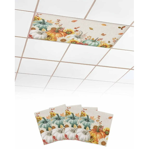 Fluorescent Light Covers for Ceiling Lights 4 Pack, Teal Orange White Pumpkins Magnetic Ceiling Light Covers 2x4ft for Classroom Office, Fall Thanksgiving Maple Leaf Rustic Drop Ceiling Light Shade
