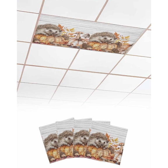 Fluorescent Light Covers for Ceiling Lights 4 Pack, Thanksgiving Hedgehog Magnetic Ceiling Light Covers 2x4ft for Classroom Office School, Fall Pumpkins Harvest Vintage Drop Ceiling Light Shade