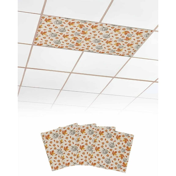Fluorescent Light Covers for Ceiling Lights 4 Pack, Thanksgiving Magnetic Ceiling Light Covers 2x4ft for Classroom Office School, Fall Pumpkins Orange Maple Leaf Rustic Drop Ceiling Light Shade