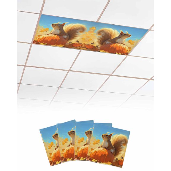 Fluorescent Light Covers for Ceiling Lights 4 Pack, Thanksgiving Squirrel Magnetic Ceiling Light Covers 2x4ft for Classroom Office School, Fall Maple Leaf Orange Pumpkins Drop Ceiling Light Shade