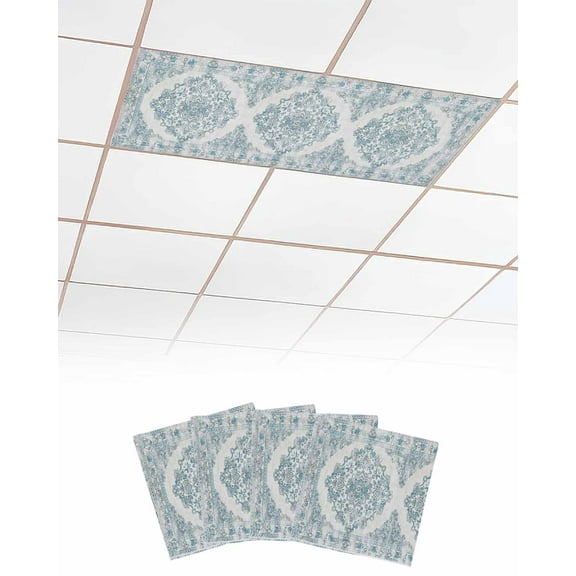 Fluorescent Light Covers for Ceiling Lights 4 Pack, Vintage Blue Magnetic Ceiling Light Covers 2x4ft for Classroom Office School, Boho Ethnic Mexican Floral Southwestern Drop Ceiling Light Shade