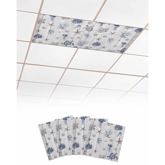 Fluorescent Light Covers for Ceiling Lights 4 Pack, Vintage Coastal Magnetic Ceiling Light Covers 2x4ft for Classroom Office School, Nautical Summer Beach Sea Turtle Starfish Drop Ceiling Light Shade
