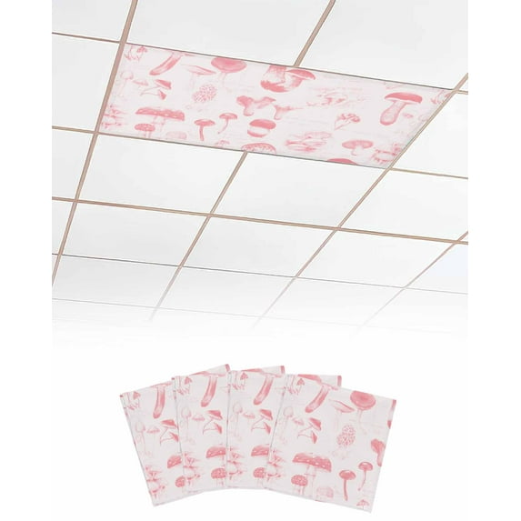 Fluorescent Light Covers for Ceiling Lights 4 Pack,Vintage Pink Mushroom Magnetic Ceiling Light Covers 2x4 Feet for Classroom Office School,Fall Botanical Farmhouse Overhead Drop Ceiling Light Shade