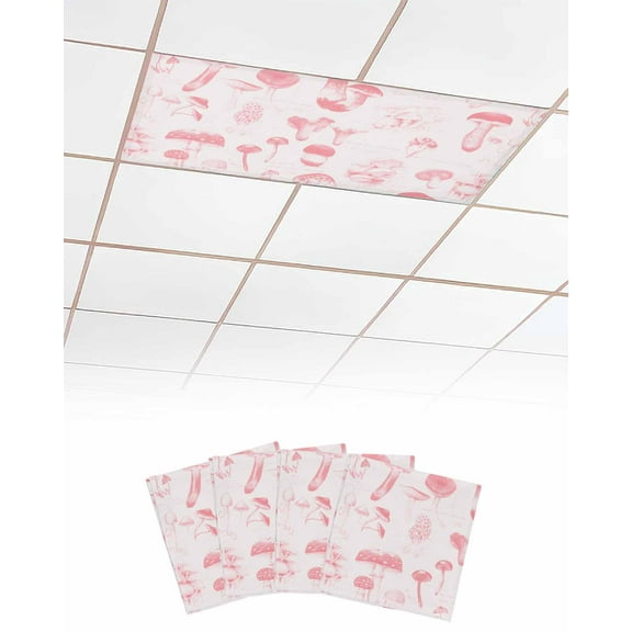 Fluorescent Light Covers for Ceiling Lights 4 Pack,Vintage Pink Mushroom Magnetic Ceiling Light Covers 2x4 Feet for Classroom Office School,Fall Botanical Farmhouse Overhead Drop Ceiling Light Shade