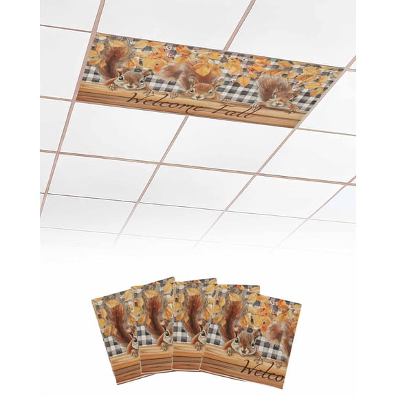 Fluorescent Light Covers for Ceiling Lights 4 Pack, Welcome Fall Squirrel Magnetic Ceiling Light Covers 2x4ft for Classroom Office School, Thanksgiving Botanical Plaid Drop Ceiling Light Shade
