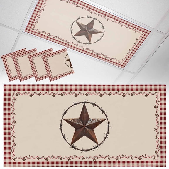 Fluorescent Light Covers for Ceiling Lights Barn Star Farmhouse Magnetic Light Filters 4 Pack 4x2 ft Berry Red Buffalo Plaid Ceiling Light Cover for Classroom Office School Drop Lamp Decor