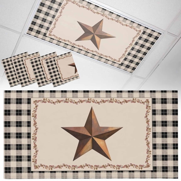 Fluorescent Light Covers for Ceiling Lights Barn Star Texas Magnetic Light Filters 4 Pack 4x2 ft Berry Retro Country Black Plaid Ceiling Light Cover for Classroom Office School Drop Lamp Decor