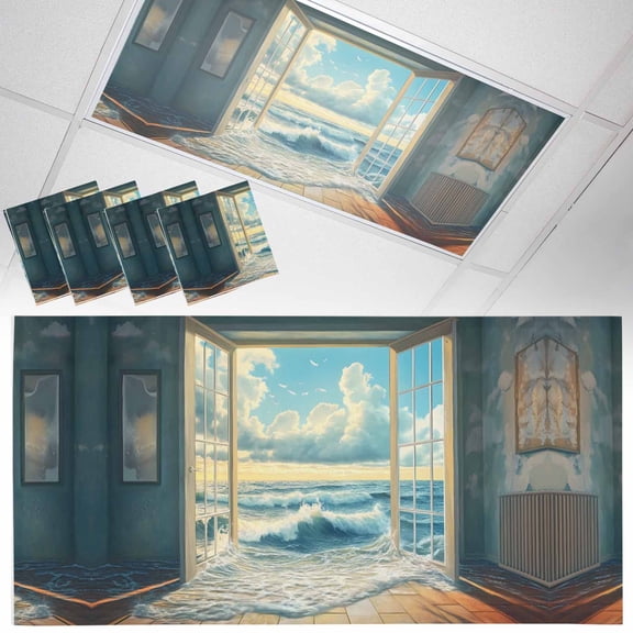 Fluorescent Light Covers for Ceiling Lights Blue Sky Cloud Magnetic Light Filters 4 Pack 4x2 ft Beach Waves Window Ceiling Light Cover for Classroom Office School Drop Lamp Decor