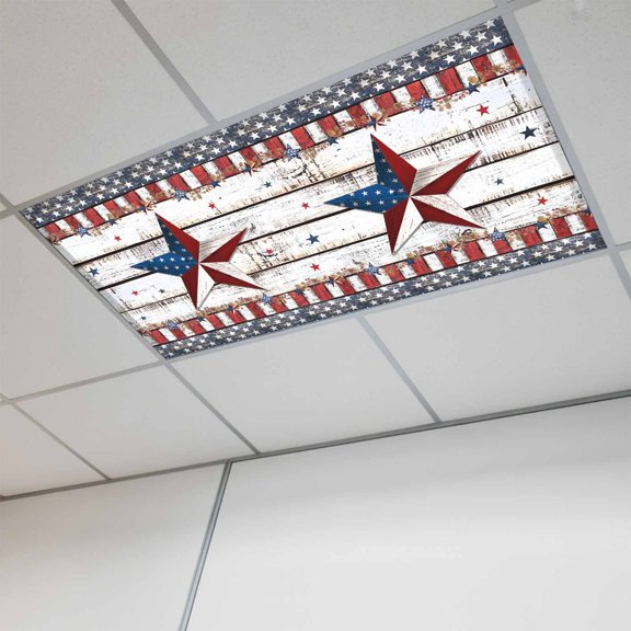 Fluorescent Light Covers for Ceiling Lights Classroom, 4th of July Magnetic Ceiling Light Cover Filter for School,Office, 2X4 FT, Pack of 1, Patriotic Farmhouse Barn Star Red Striped