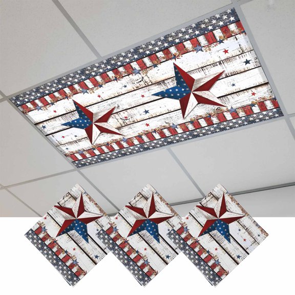 Fluorescent Light Covers for Ceiling Lights Classroom, 4th of July Magnetic Ceiling Light Cover Filter for School,Office, 2X4 FT, Pack of 3, Patriotic Farmhouse Barn Star Red Striped