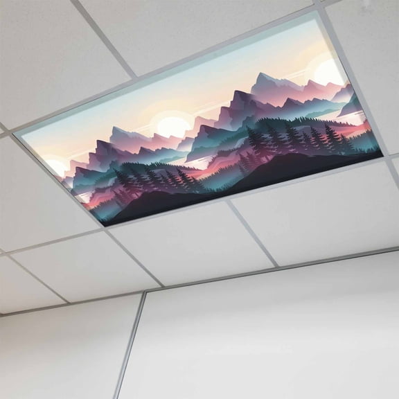 Fluorescent Light Covers for Ceiling Lights Classroom, Abstract Landscape Mountain Sunrise Magnetic Ceiling Light Cover Filter for School,Office, 2X4 FT, Pack of 1, Blue Forest Tree River