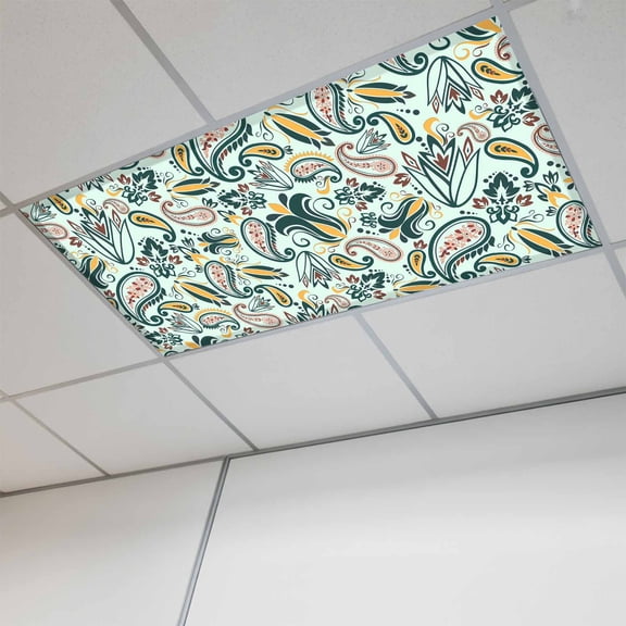Fluorescent Light Covers for Ceiling Lights Classroom, Abstract Vintage Paisley Magnetic Ceiling Light Cover Filter for School,Office, 2X4 FT, Pack of 1, Boho Floral Texture Light Green